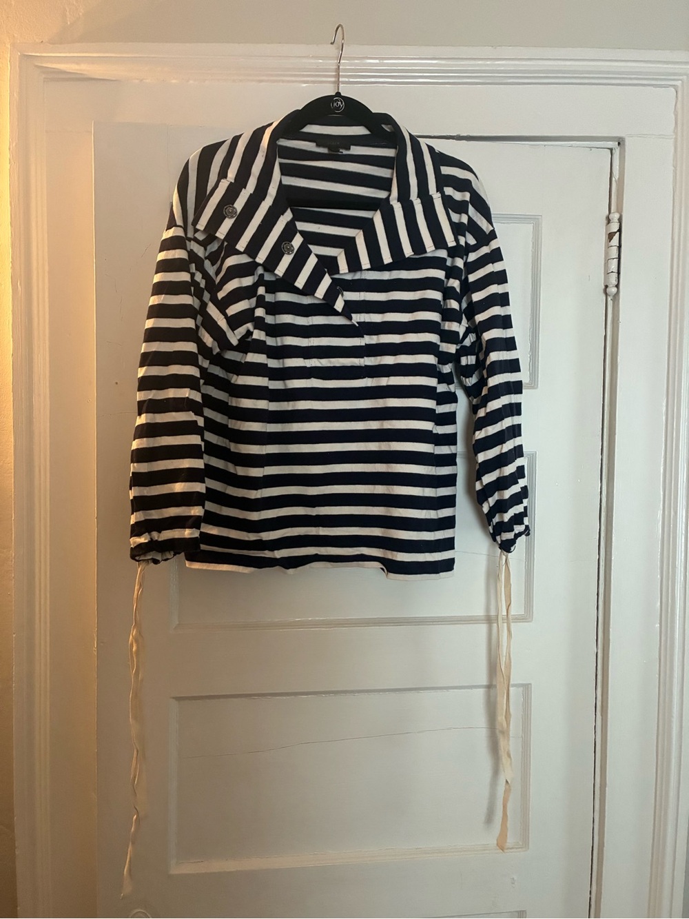 J. Crew Navy & White Striped Funnel Collar Sweatshirt with Sleeve Bows - Picture 5 of 9